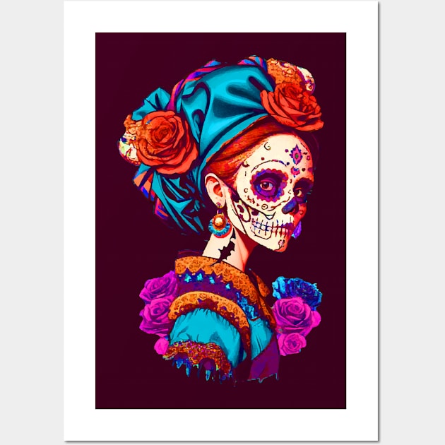 Sugar Skull Halloween. Girl with a Pearl Earring Wall Art by CatCoconut-Art